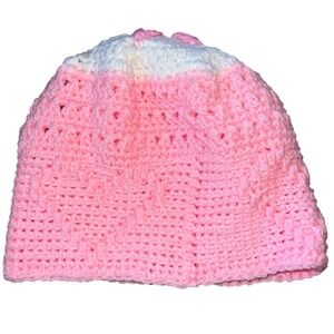 Handmade Crochet Beanie Pink White Red Floral Star Top Winter Hat Women Coquette